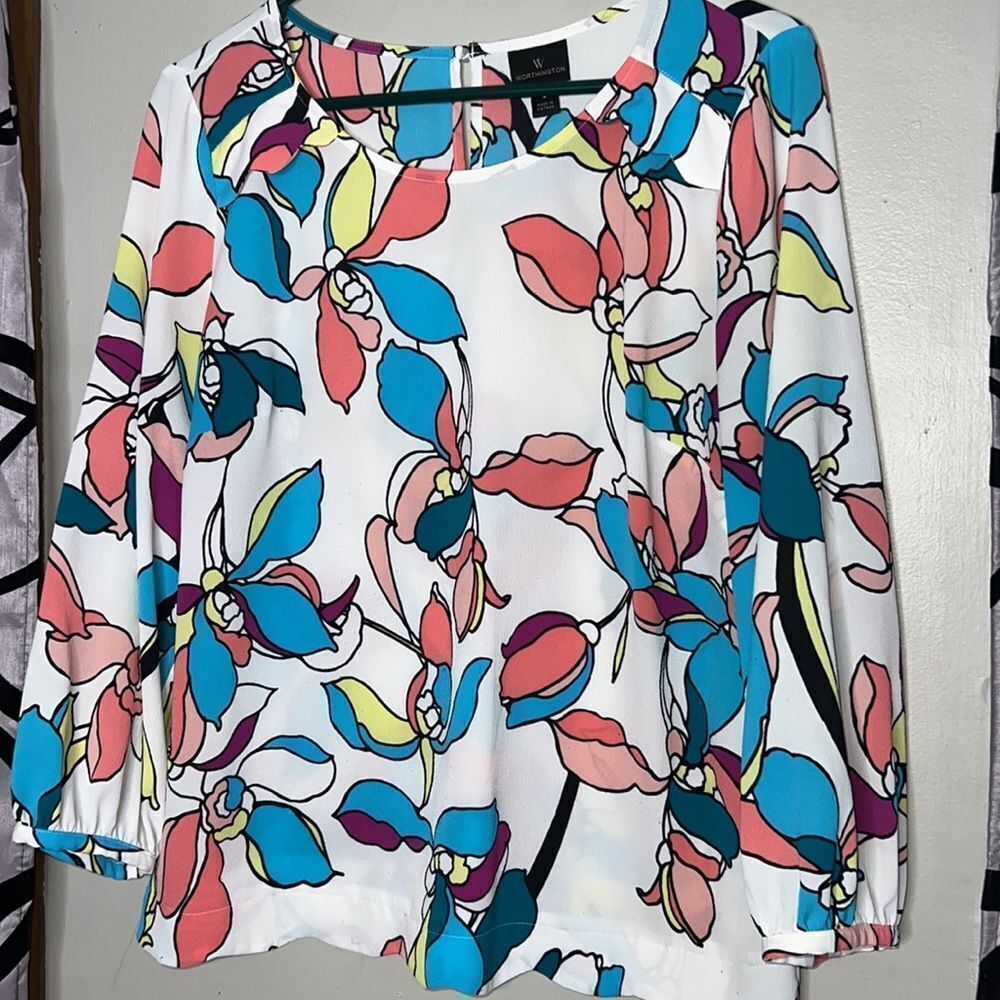 Worthington Blouse Woman’s Large 3/4 Sleeve Floral - Picture 6 of 10